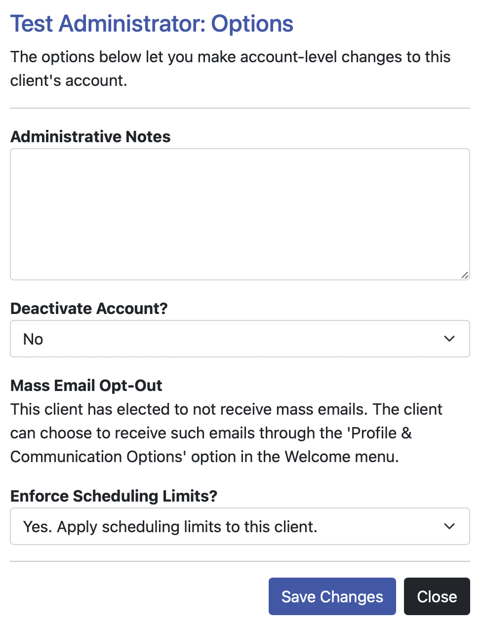 Account Options Display