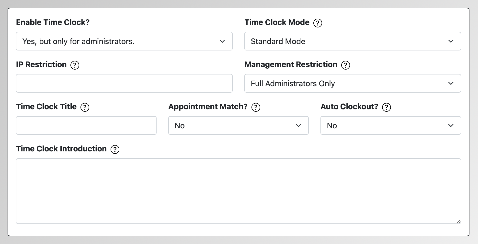 Configuration Options in Module Setup: Time Clock