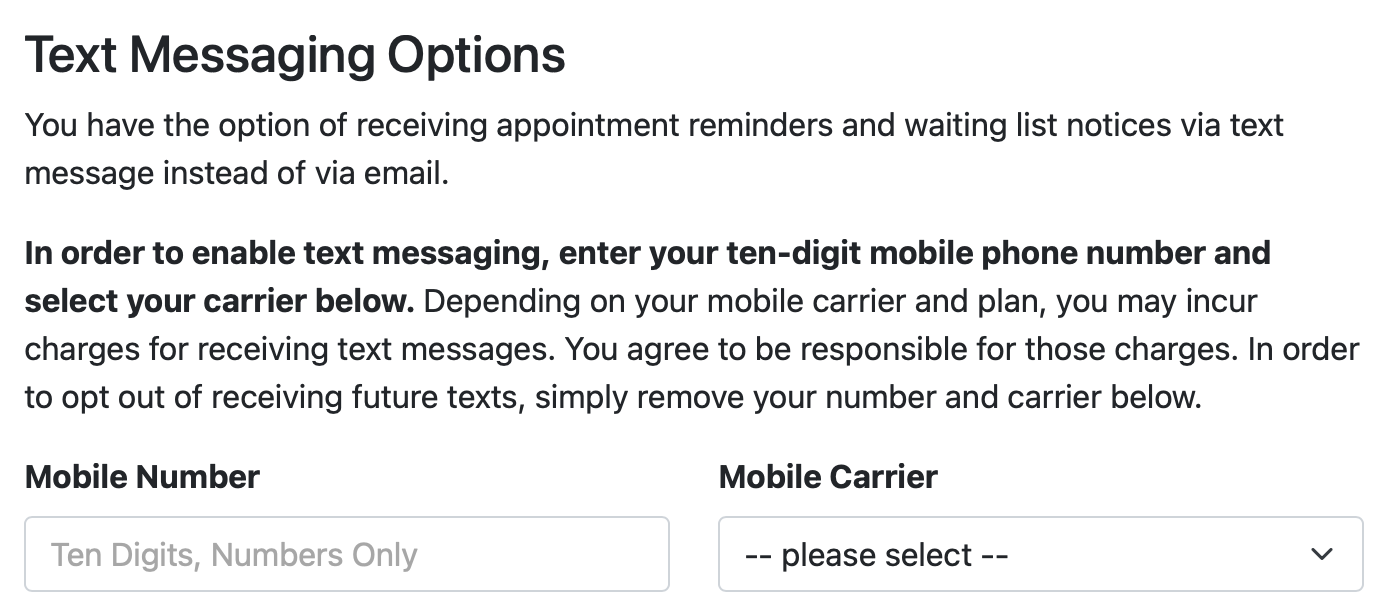 Text Messaging Options on the Registration Page
